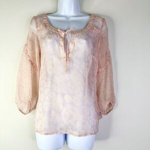 American Eagle Top Women SP Pink Blush Peasant Boho Cottage Sheer Blouse Ruffles